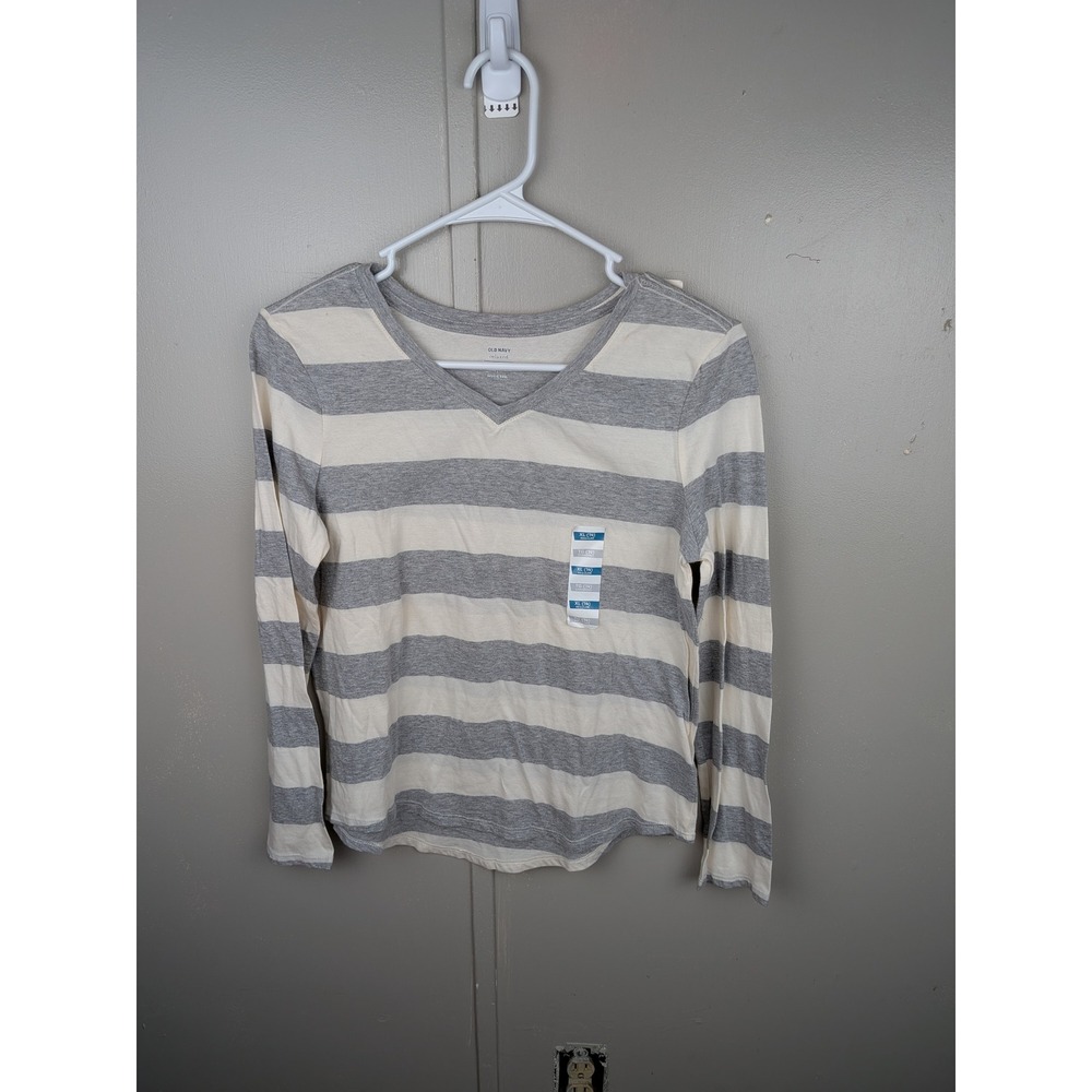Old Navy Girls XL 14 Gray Cream Striped Relaxed V-Neck Long Sleeve T-Shirt NWT